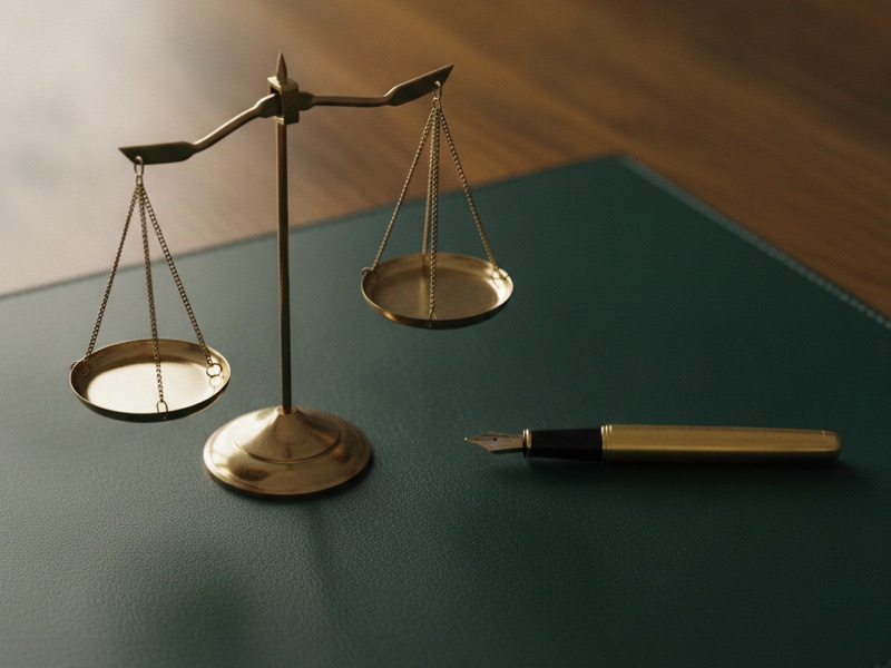 Bronzene Justitia-Waage im Gleichgewicht neben einem Messing-Füller auf einer dunkelgrünen Schreibunterlage – Sinnbild für die Verbindung von Recht und Steuern