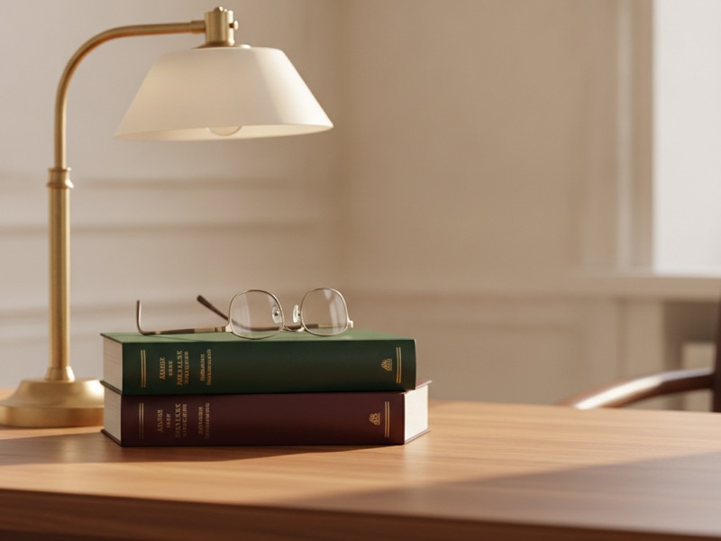 Gebundene juristische Kommentare in Grün und Bordeaux mit einer Messing-Bankerlampe und Lesebrille auf einem Kanzlei-Schreibtisch