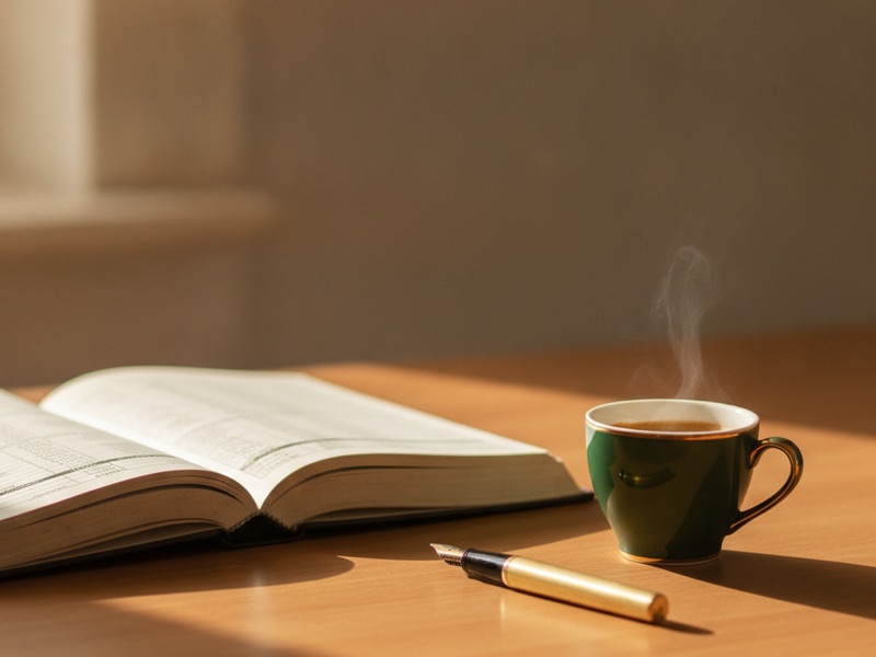 Ein aufgeschlagenes Kontobuch, ein Füllfederhalter und eine dampfende Espressotasse aus dunkelgrünem Porzellan im warmen Morgenlicht